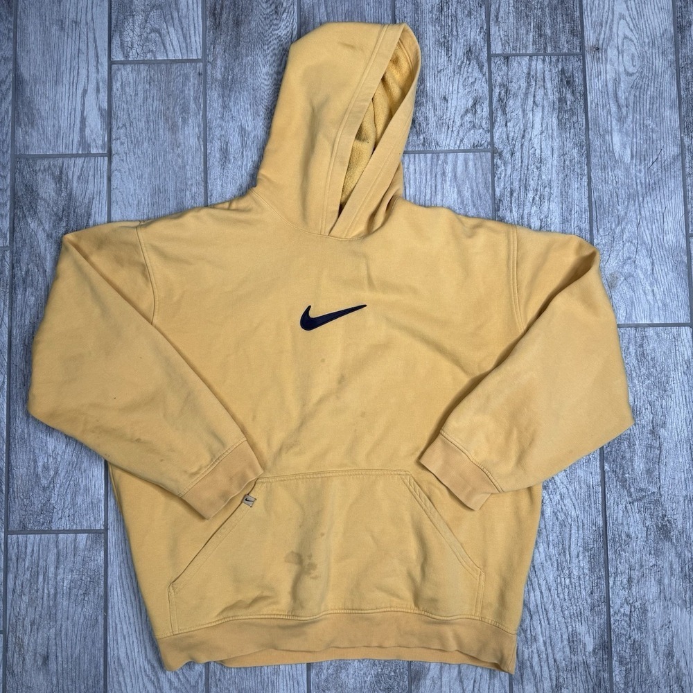 Vintage Nike Hoodie Mens 2XL Big Center Swoosh Check Silver Tag Y2K‎ Yellow 90s